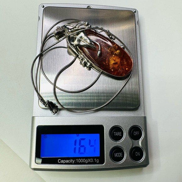 Amber Stone with Leaf Vines Designs Sterling Pendant Sneak Chain Necklace - Picture 9 of 9